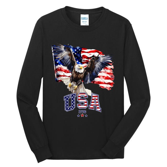 Majestic American Bald Eagle With Usa Flag Tall Long Sleeve T-Shirt