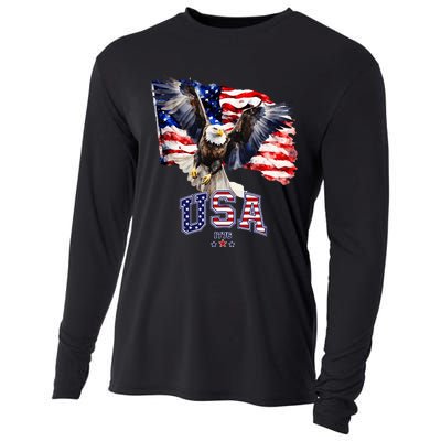 Majestic American Bald Eagle With Usa Flag Cooling Performance Long Sleeve Crew