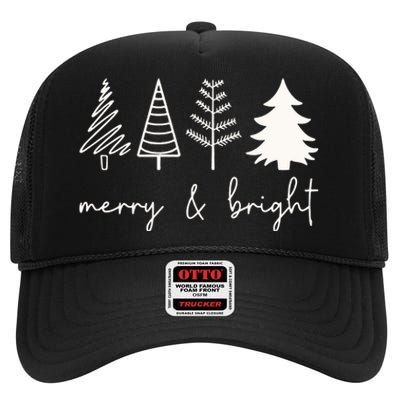 Merry And Bright Cute Christmas Tree High Crown Mesh Back Trucker Hat