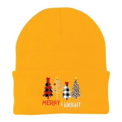 Merry And Bright Women Funny Leopard Plaid Christmas Trees Knit Cap Winter Beanie