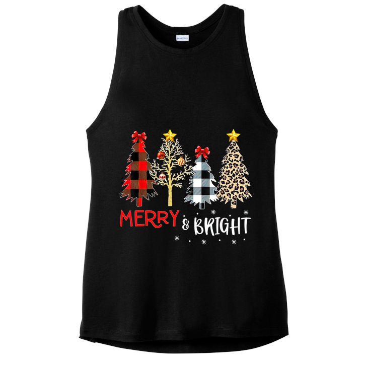 Merry And Bright Women Funny Leopard Plaid Christmas Trees Ladies PosiCharge Tri-Blend Wicking Tank