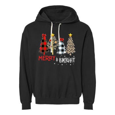 Merry And Bright Women Funny Leopard Plaid Christmas Trees Garment-Dyed Fleece Hoodie