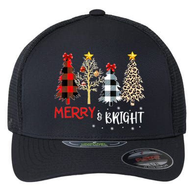 Merry And Bright Women Funny Leopard Plaid Christmas Trees Flexfit Unipanel Trucker Cap