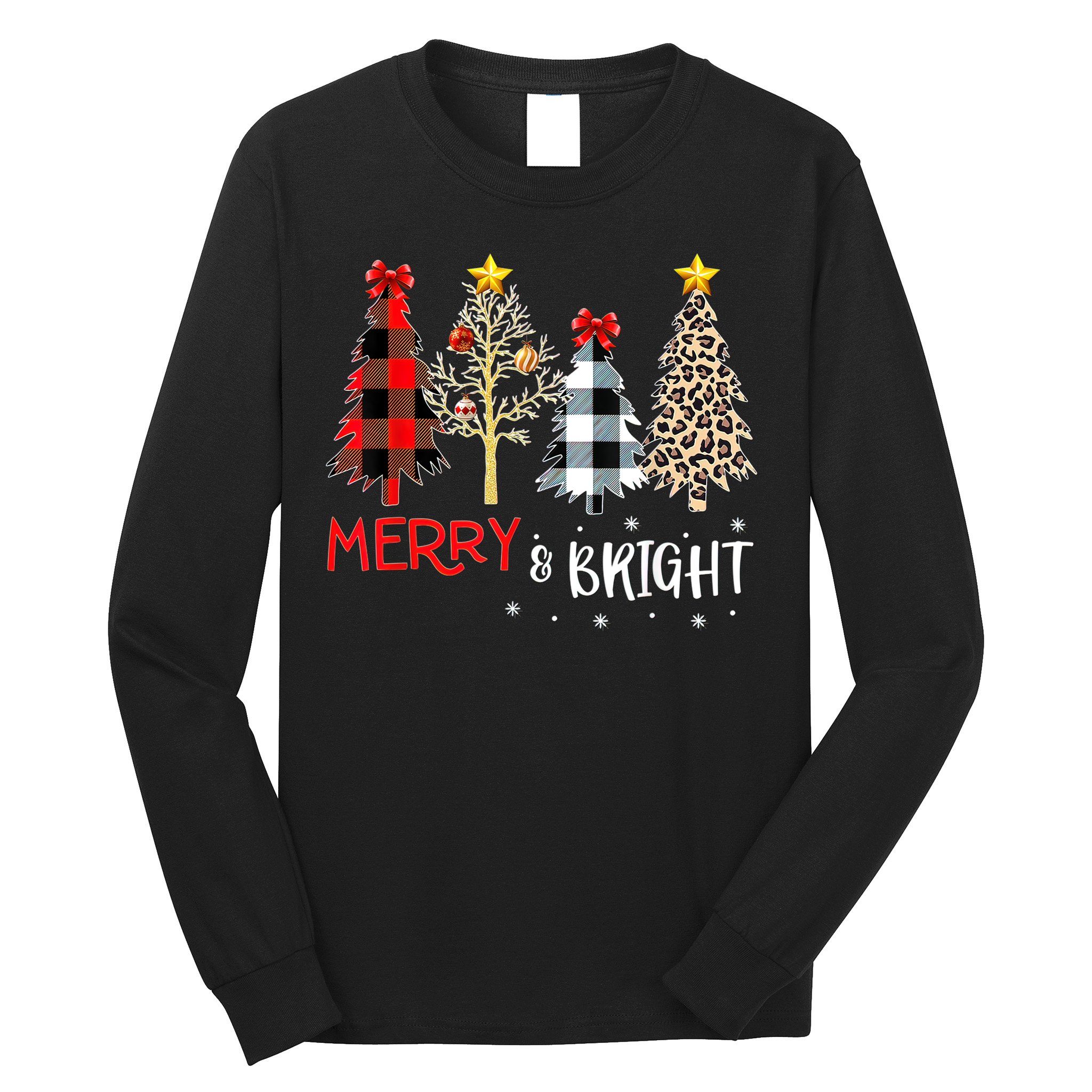 Merry And Bright Women Funny Leopard Plaid Christmas Trees Long Sleeve Shirt
