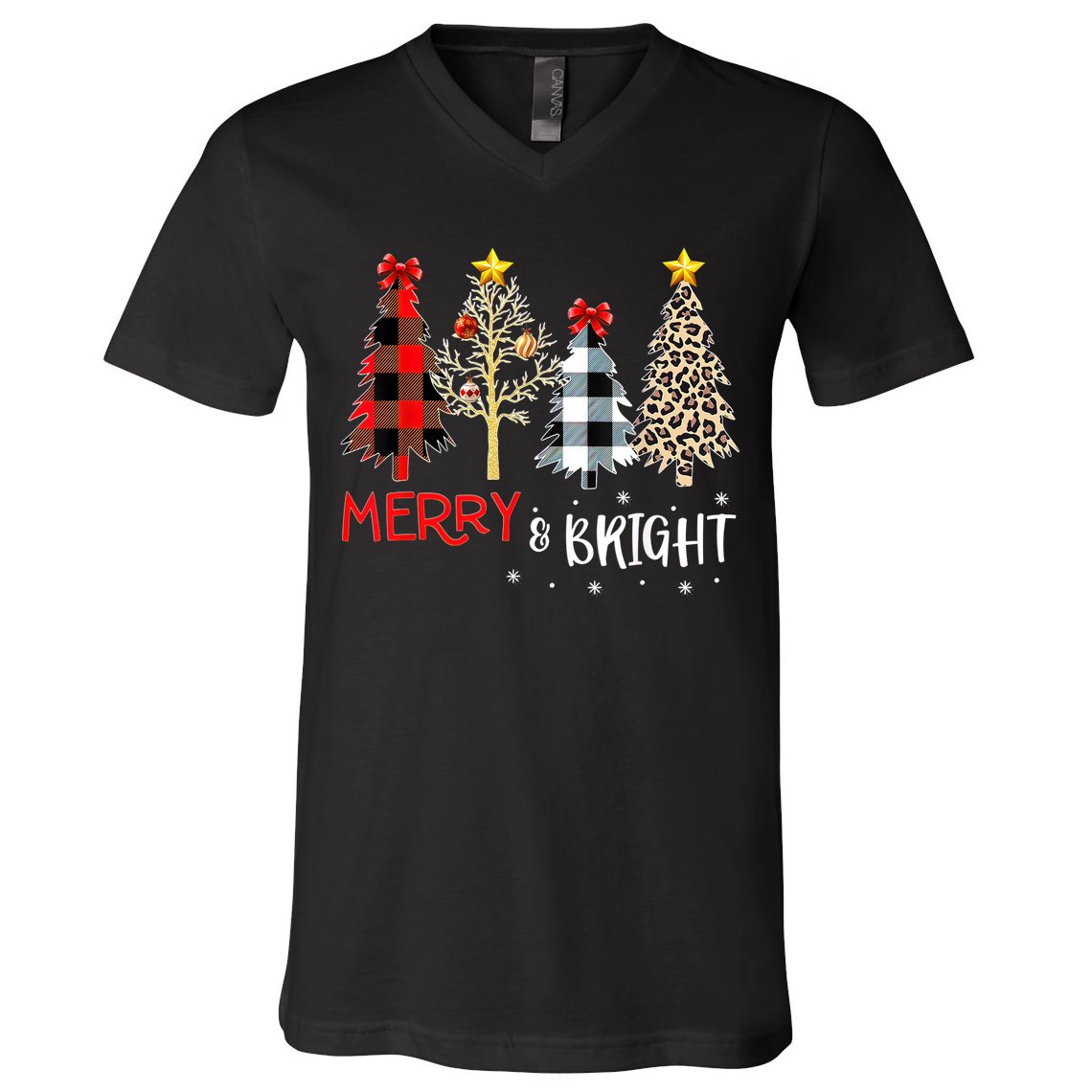 Merry And Bright Women Funny Leopard Plaid Christmas Trees V-Neck T-Shirt