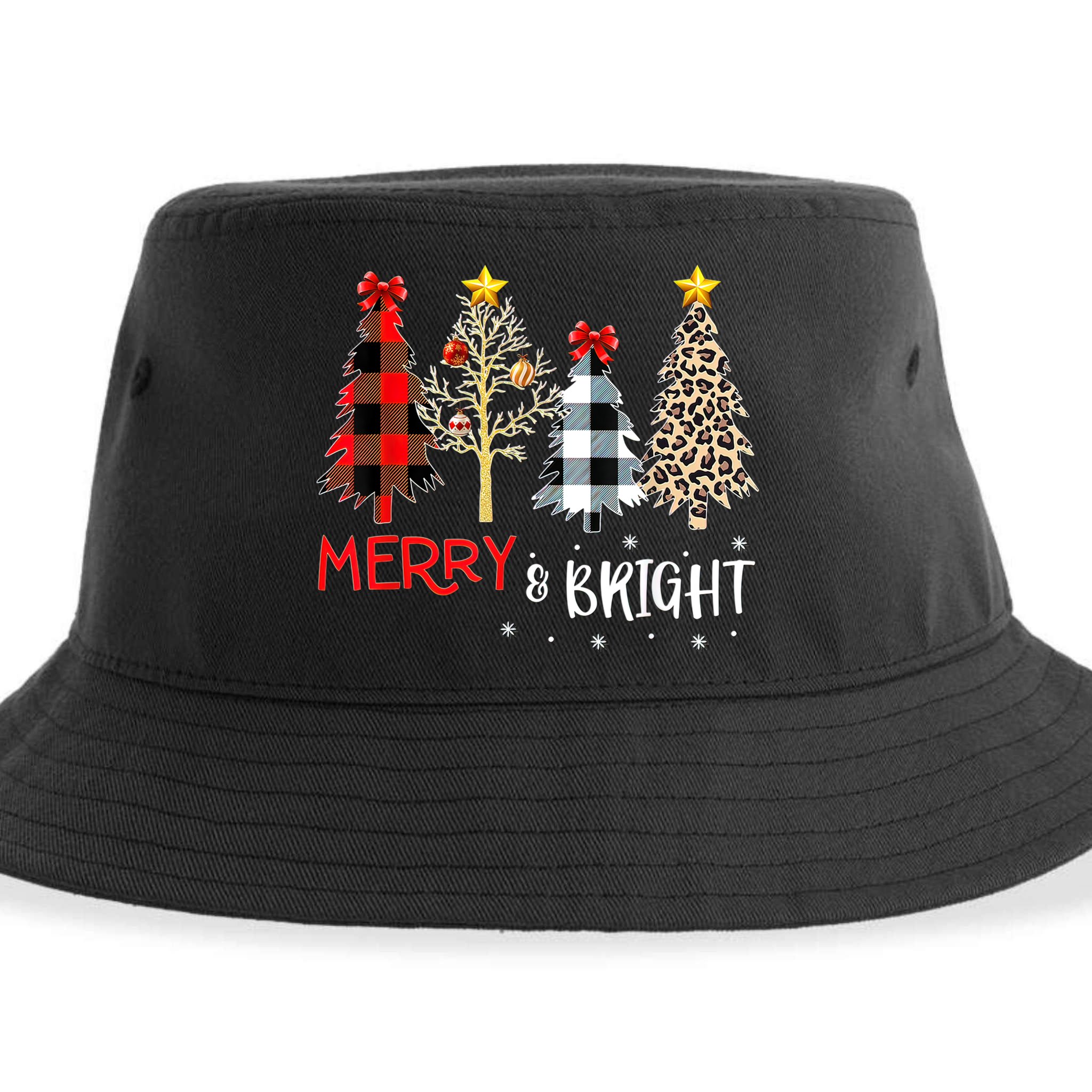 Merry And Bright Women Funny Leopard Plaid Christmas Trees Sustainable Bucket Hat