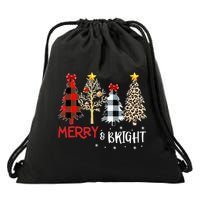 Merry And Bright Women Funny Leopard Plaid Christmas Trees Drawstring Bag