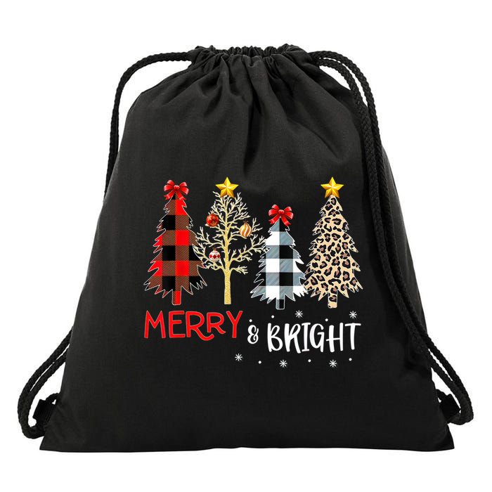 Merry And Bright Women Funny Leopard Plaid Christmas Trees Drawstring Bag