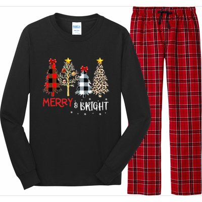 Merry And Bright Women Funny Leopard Plaid Christmas Trees Long Sleeve Pajama Set