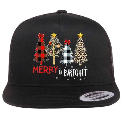 Merry And Bright Women Funny Leopard Plaid Christmas Trees Flat Bill Trucker Hat