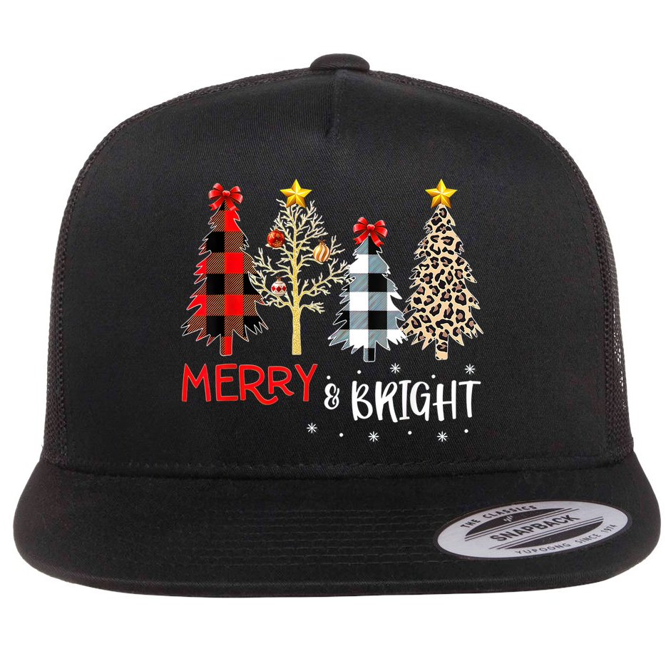Merry And Bright Women Funny Leopard Plaid Christmas Trees Flat Bill Trucker Hat