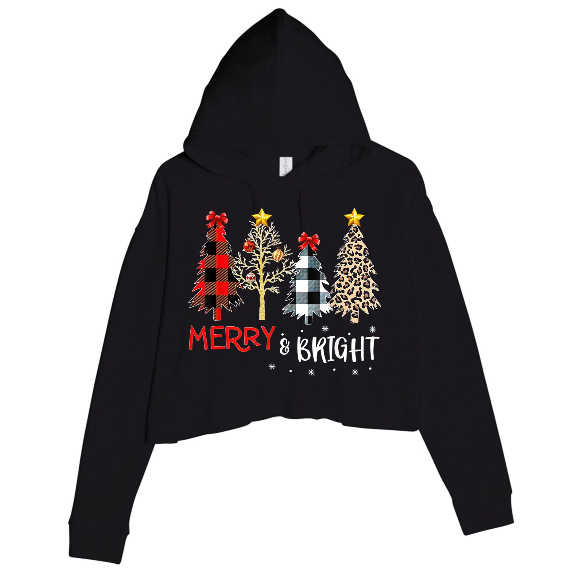 Merry And Bright Women Funny Leopard Plaid Christmas Trees Crop Fleece Hoodie