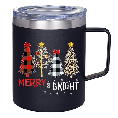 Merry And Bright Women Funny Leopard Plaid Christmas Trees 12oz Stainless Steel Coffee Mug
