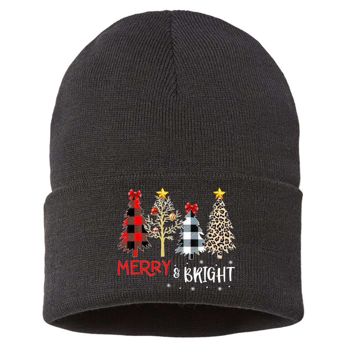 Merry And Bright Women Funny Leopard Plaid Christmas Trees Sustainable Knit Beanie