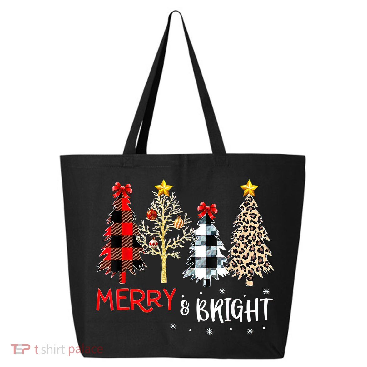 Merry And Bright Women Funny Leopard Plaid Christmas Trees 25L Jumbo Tote