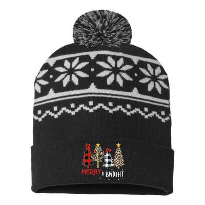 Merry And Bright Women Funny Leopard Plaid Christmas Trees USA-Made Snowflake Beanie