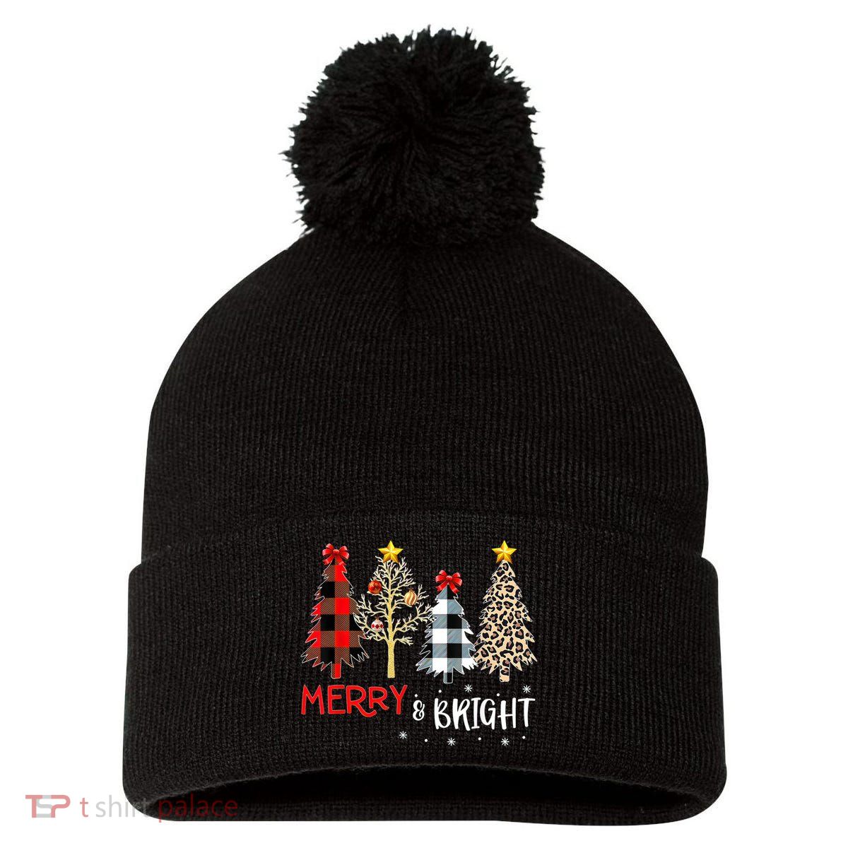 Merry And Bright Women Funny Leopard Plaid Christmas Trees Pom Pom 12in Knit Beanie