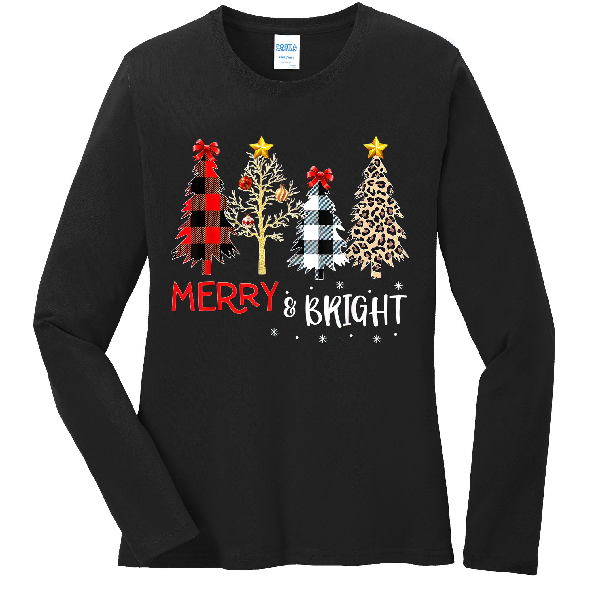 Merry And Bright Women Funny Leopard Plaid Christmas Trees Ladies Long Sleeve Shirt