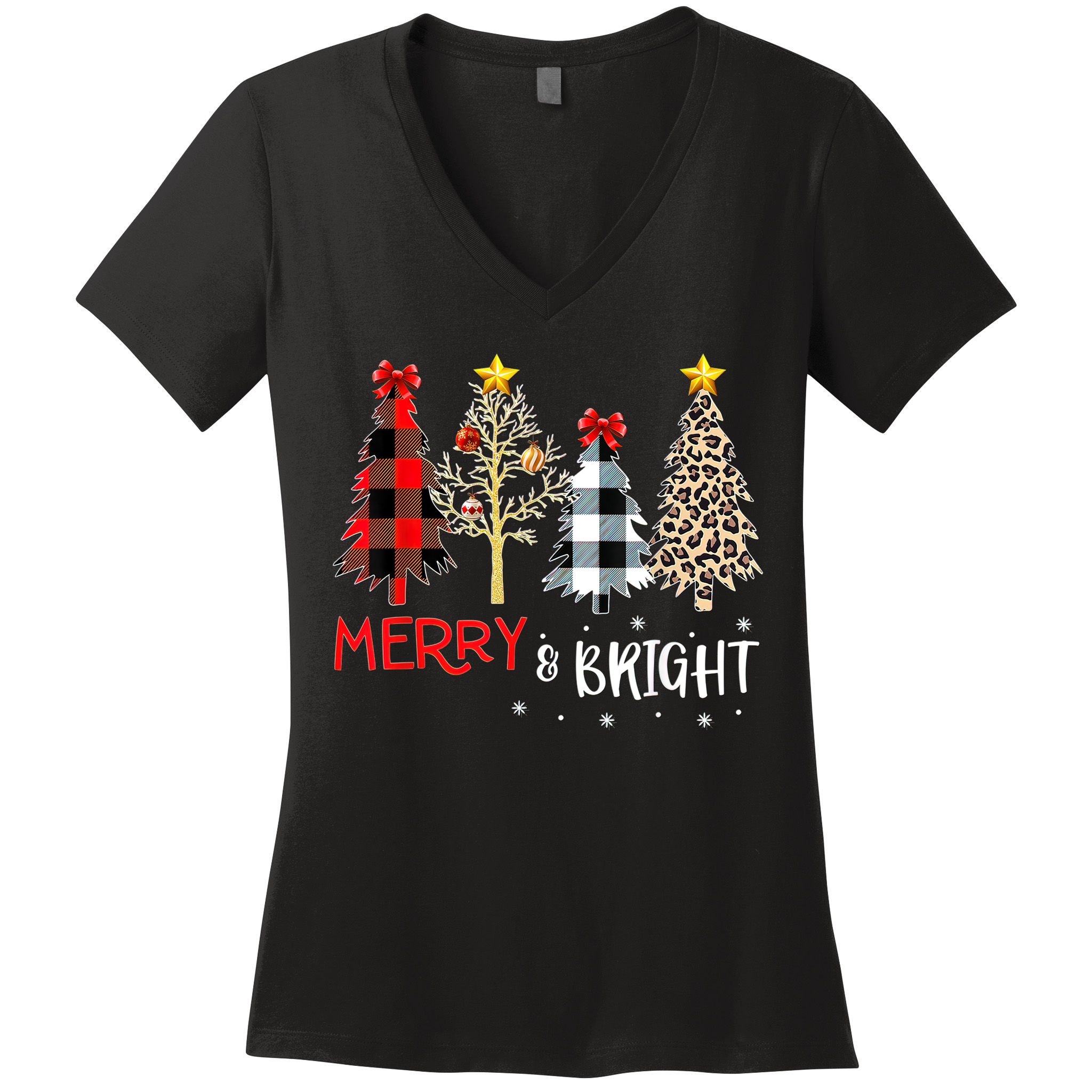 Merry And Bright Women Funny Leopard Plaid Christmas Trees Women's V-Neck T-Shirt