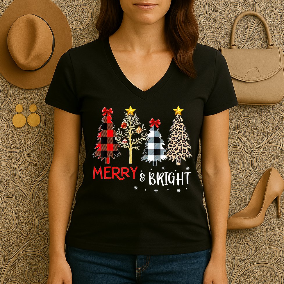 Merry And Bright Women Funny Leopard Plaid Christmas Trees Women's V-Neck T-Shirt