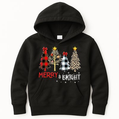 Merry And Bright Women Funny Leopard Plaid Christmas Trees Kids Hoodie