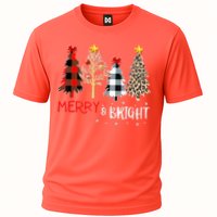 Merry And Bright Women Funny Leopard Plaid Christmas Trees Cooling Performance Crew T-Shirt