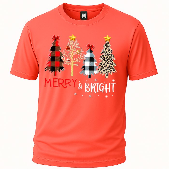 Merry And Bright Women Funny Leopard Plaid Christmas Trees Cooling Performance Crew T-Shirt
