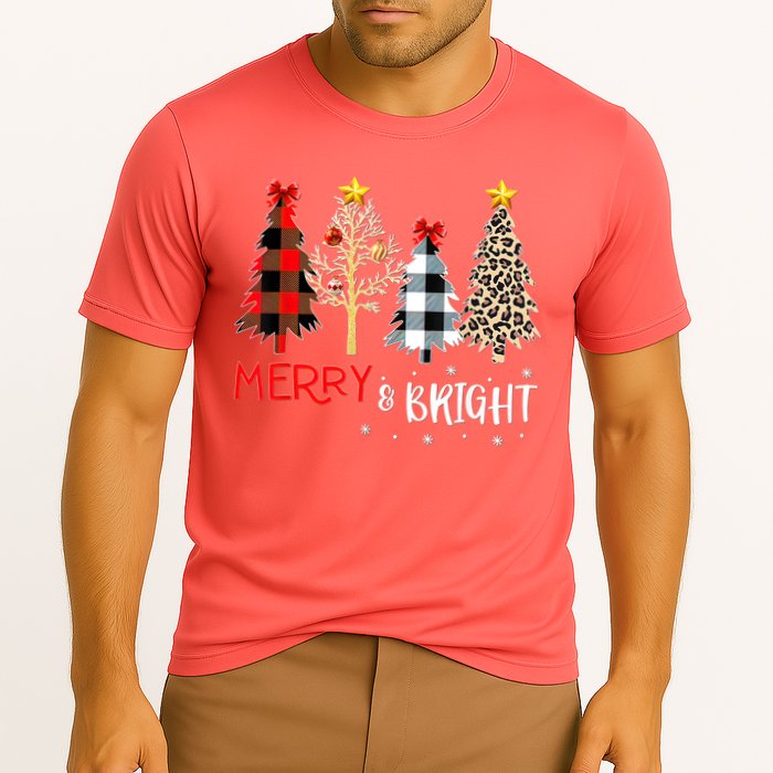 Merry And Bright Women Funny Leopard Plaid Christmas Trees Cooling Performance Crew T-Shirt