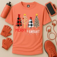 Merry And Bright Women Funny Leopard Plaid Christmas Trees Cooling Performance Crew T-Shirt