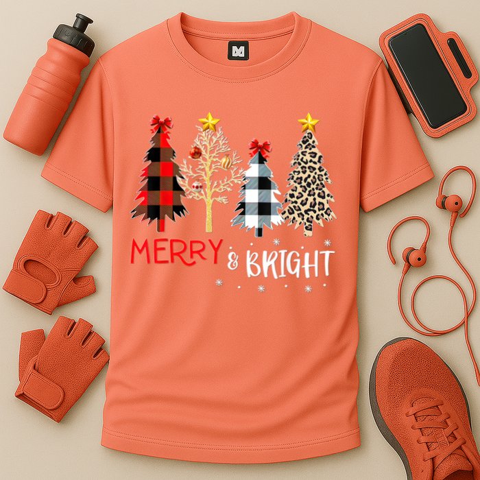 Merry And Bright Women Funny Leopard Plaid Christmas Trees Cooling Performance Crew T-Shirt