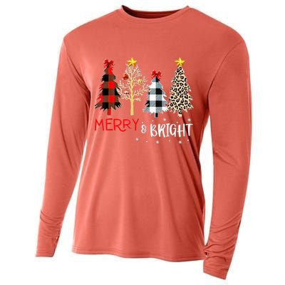 Merry And Bright Women Funny Leopard Plaid Christmas Trees Cooling Performance Long Sleeve Crew