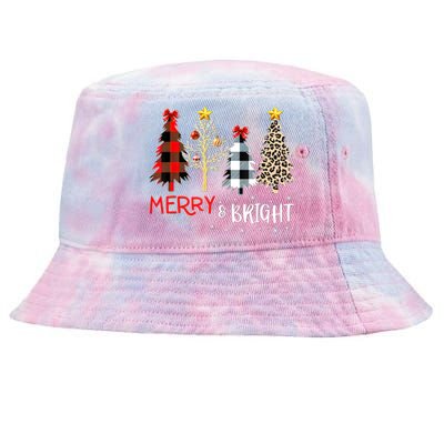 Merry And Bright Women Funny Leopard Plaid Christmas Trees Tie-Dyed Bucket Hat