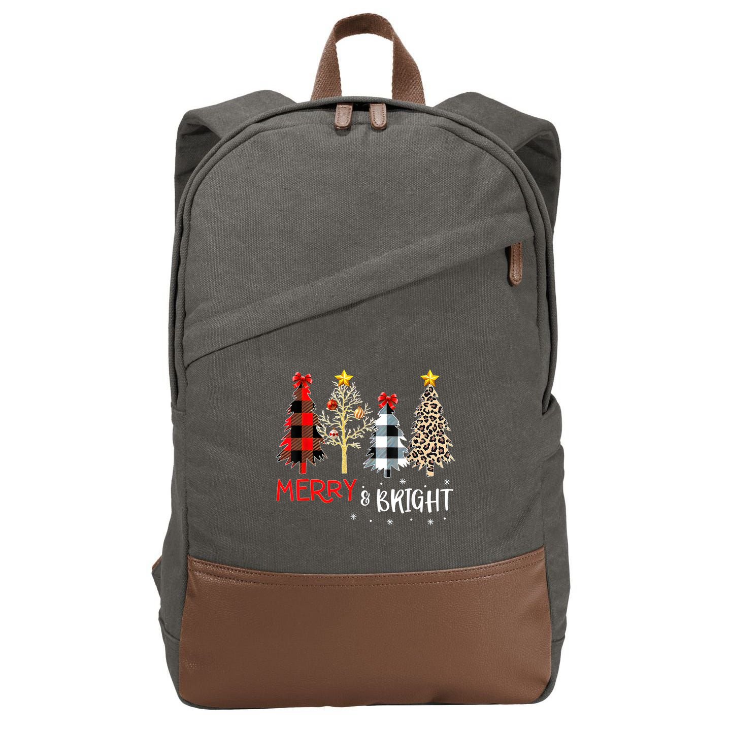 Merry And Bright Women Funny Leopard Plaid Christmas Trees Cotton Canvas Backpack
