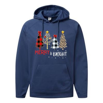 Merry And Bright Women Funny Leopard Plaid Christmas Trees Performance Fleece Hoodie