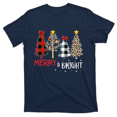 Merry And Bright Women Funny Leopard Plaid Christmas Trees T-Shirt