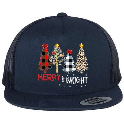 Merry And Bright Women Funny Leopard Plaid Christmas Trees Flat Bill Trucker Hat