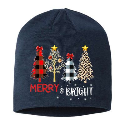 Merry And Bright Women Funny Leopard Plaid Christmas Trees Sustainable Beanie