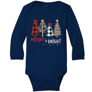 Merry And Bright Women Funny Leopard Plaid Christmas Trees Baby Long Sleeve Bodysuit