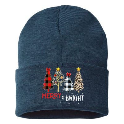 Merry And Bright Women Funny Leopard Plaid Christmas Trees Sustainable Knit Beanie