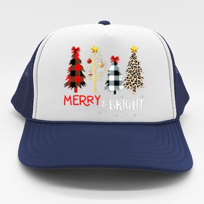 Merry And Bright Women Funny Leopard Plaid Christmas Trees Trucker Hat