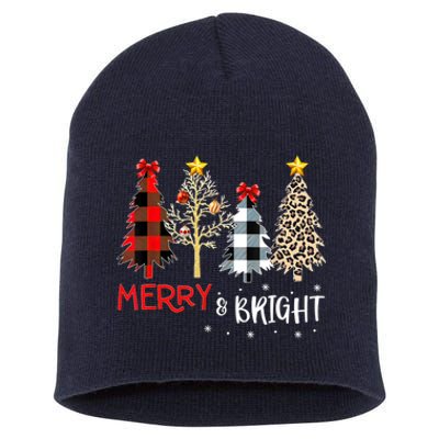 Merry And Bright Women Funny Leopard Plaid Christmas Trees Short Acrylic Beanie