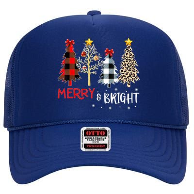 Merry And Bright Women Funny Leopard Plaid Christmas Trees High Crown Mesh Back Trucker Hat