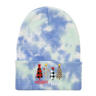 Merry And Bright Women Funny Leopard Plaid Christmas Trees Tie Dye 12in Knit Beanie