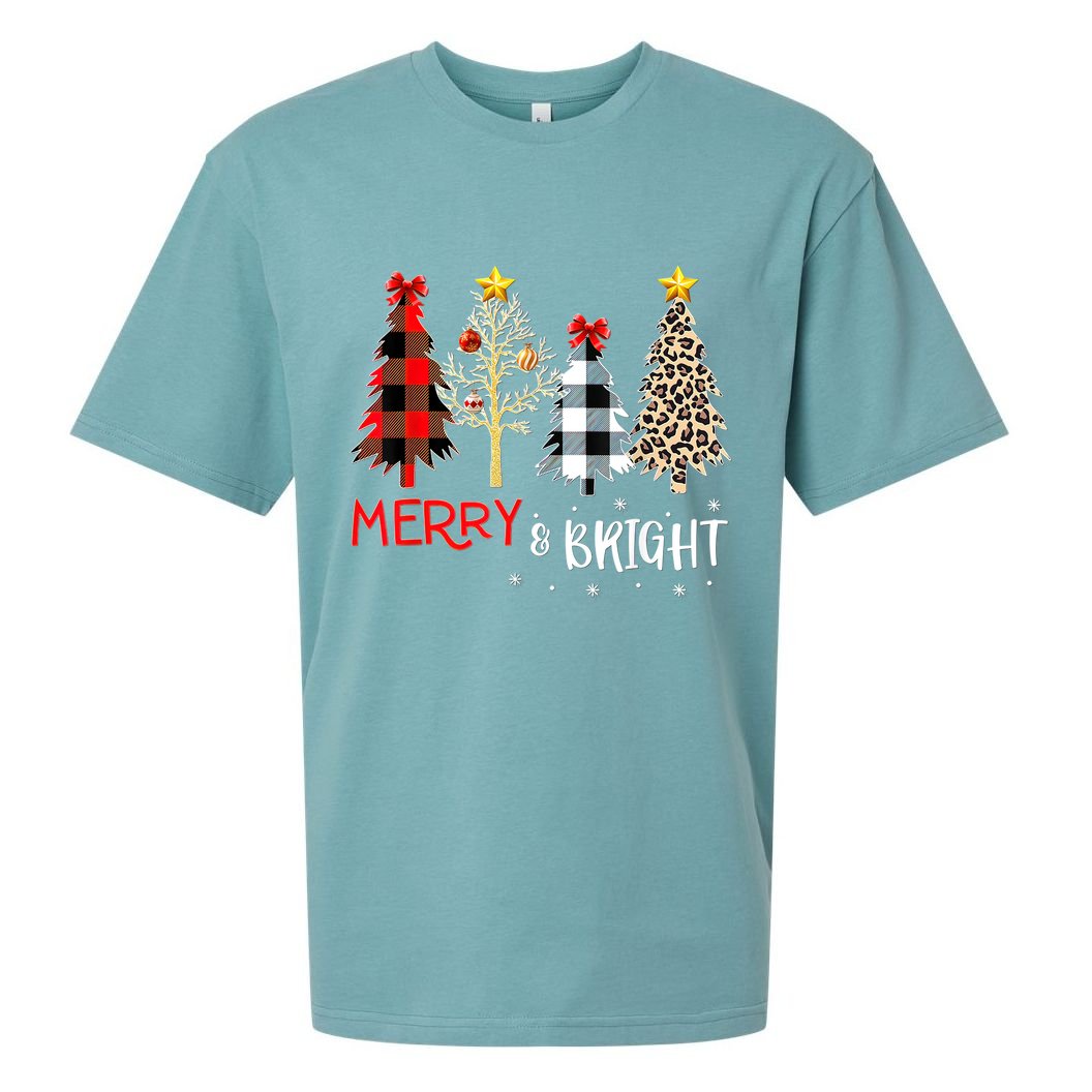 Merry And Bright Women Funny Leopard Plaid Christmas Trees Sueded Cloud Jersey T-Shirt