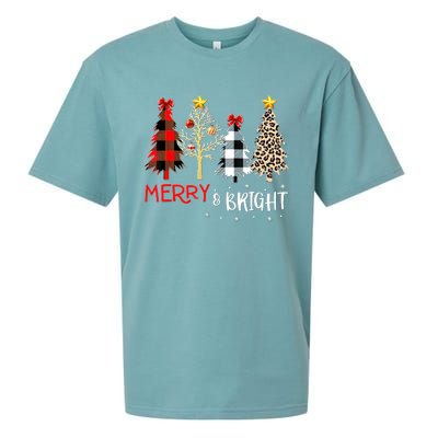 Merry And Bright Women Funny Leopard Plaid Christmas Trees Sueded Cloud Jersey T-Shirt