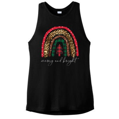 Merry And Bright Christmas Rainbow Festive Ladies PosiCharge Tri-Blend Wicking Tank