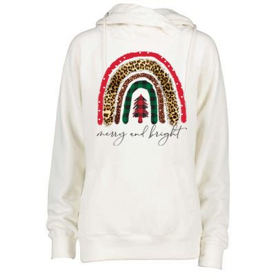 Merry And Bright Christmas Rainbow Festive Womens Funnel Neck Pullover Hood