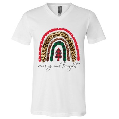 Merry And Bright Christmas Rainbow Festive V-Neck T-Shirt