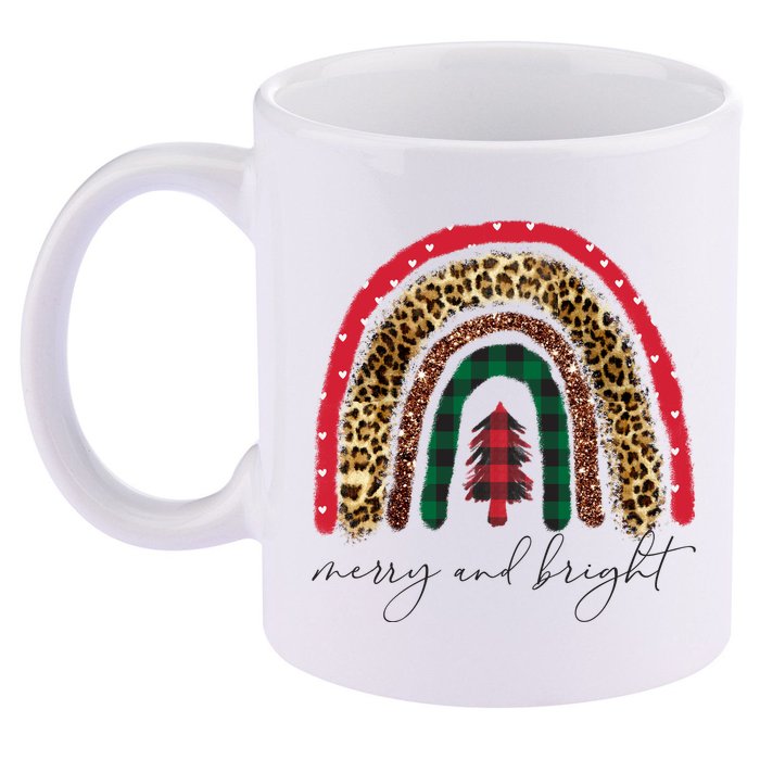 Merry And Bright Christmas Rainbow Festive 11oz C Handle Ceramic Mug