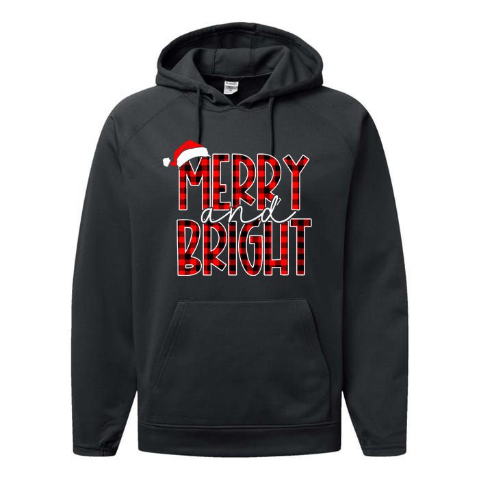 Merry and Bright Buffalo Plaid Red Santa Hat Christmas Xmas  Performance Fleece Hoodie